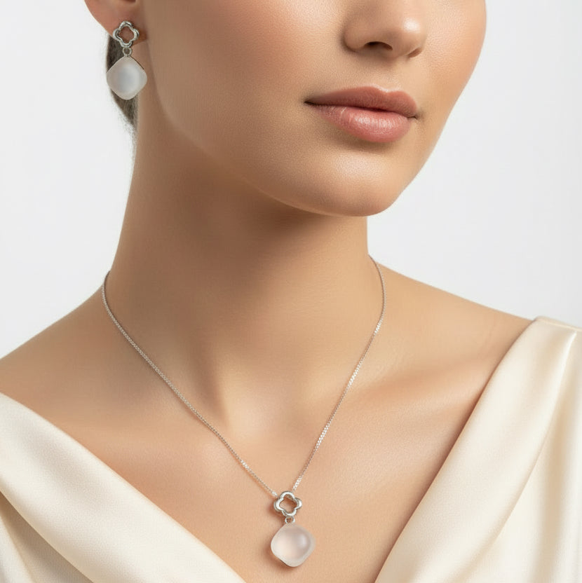 White Moonstone Style Necklace and Earring Set