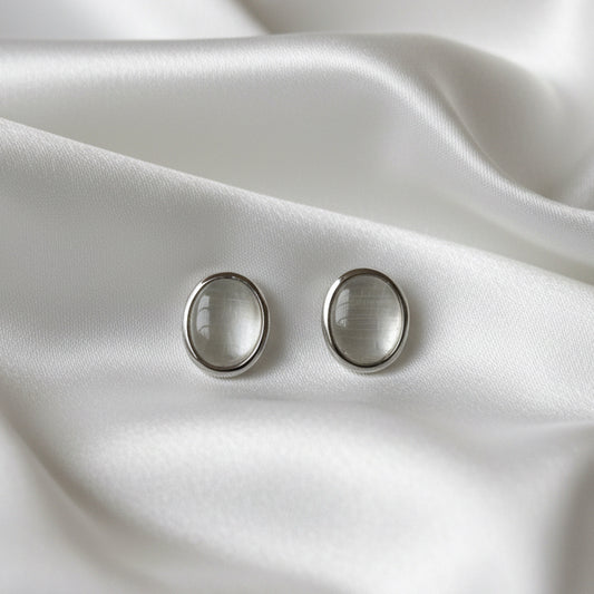 Oval Moonstone-Style Stud Earrings in Silver-Tone Finish