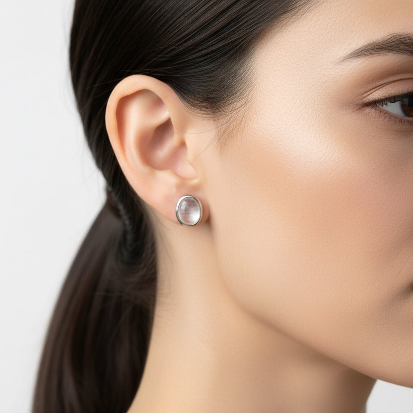 Oval Moonstone-Style Stud Earrings in Silver-Tone Finish