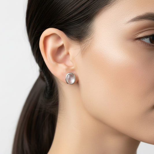 Oval Moonstone-Style Stud Earrings in Silver-Tone Finish