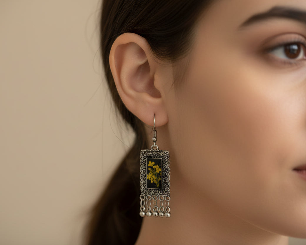 Handmade Oxidized Silver Resin Earrings with Pressed Yellow Wildflowers | Vintage Bohemian Dangle Earrings