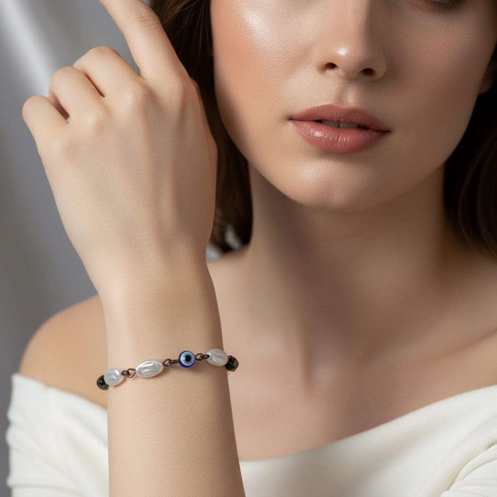 Elegant Dark Metal & Baroque Pearl Bracelet with Evil Eye Charm
