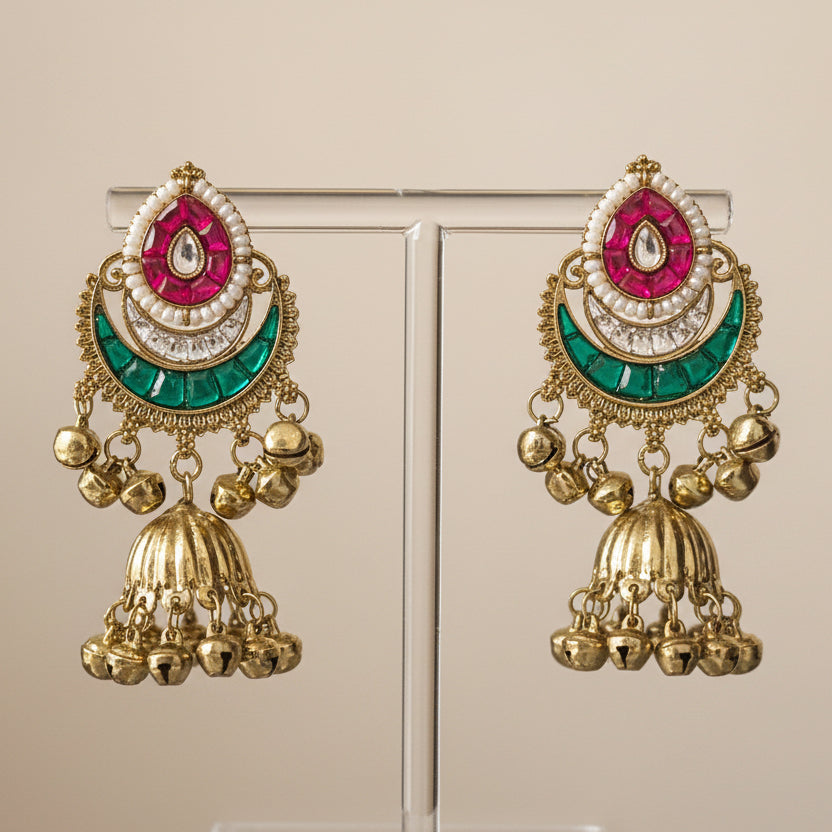 Traditional Chandbali Jhumkas with Kundan Work and Ghungroo Drops