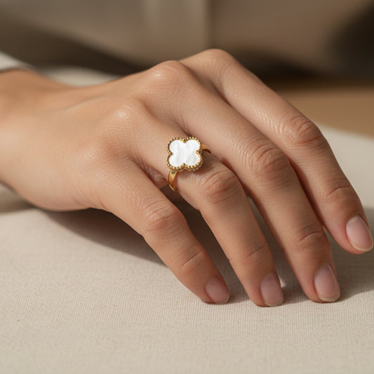 Minimalist Gold Alhambra-Style Clover Ring - White Shell