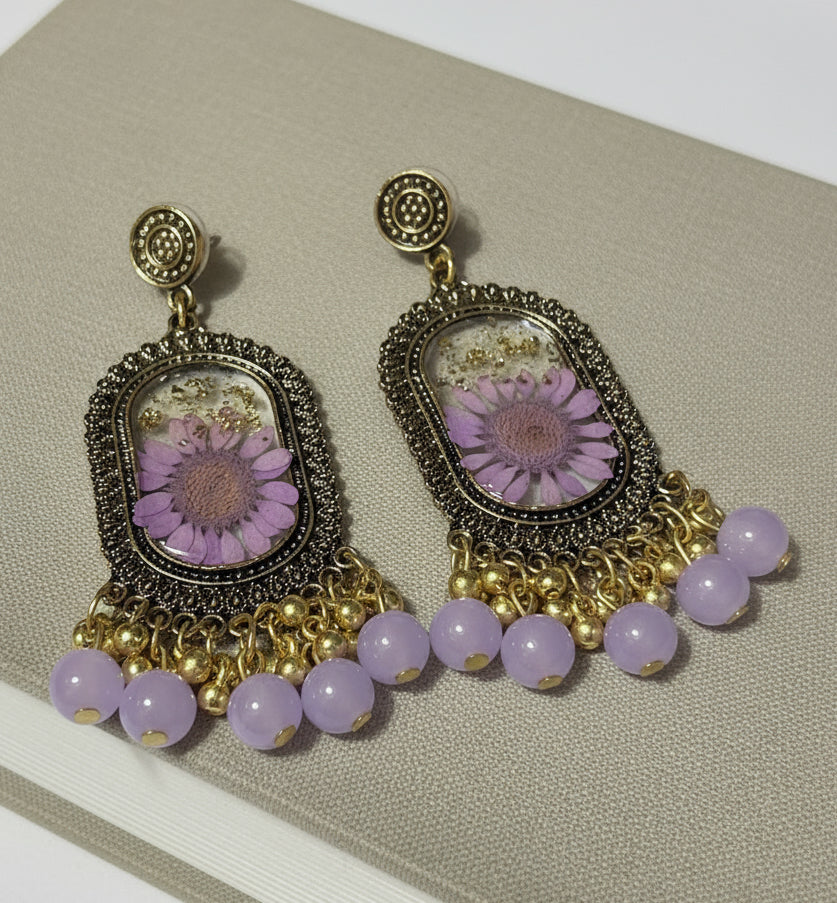 Boho Vintage Lilac Flower Resin Jhumka