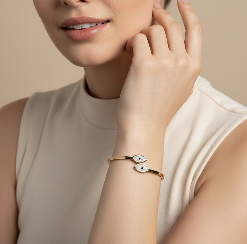 Sparkling Double Evil Eye Cuffs - Gold Tone Hinge Bangle - Boho Chic