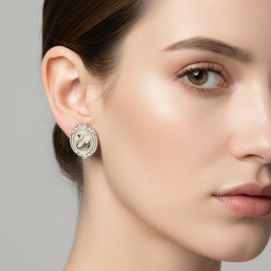 Korean Fashion Swan Motif Oval Studs with Crystal Halo