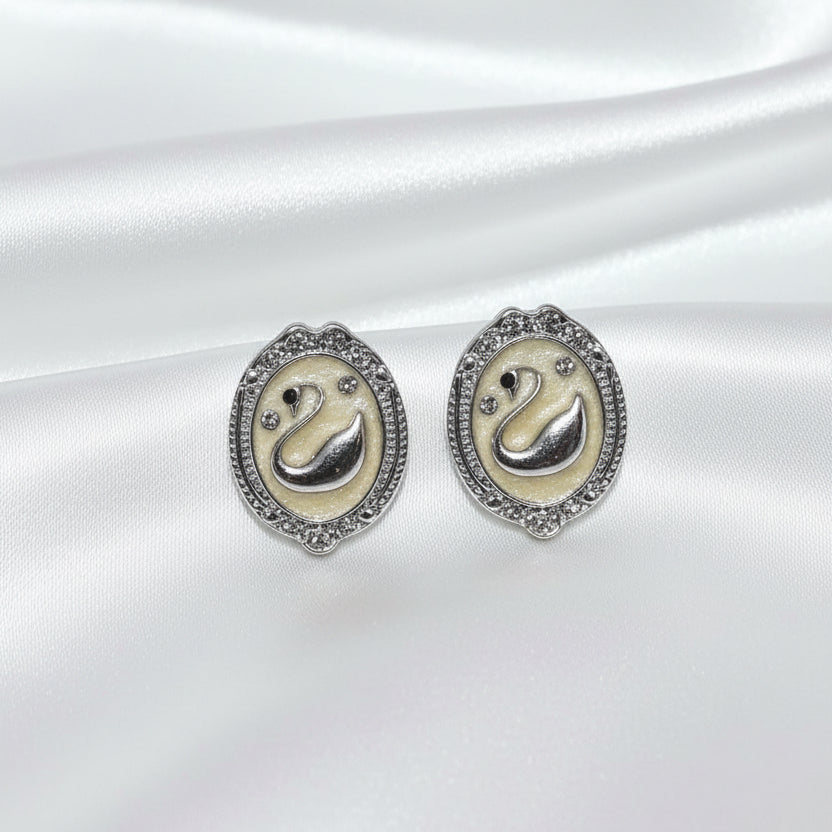Korean Fashion Swan Motif Oval Studs with Crystal Halo