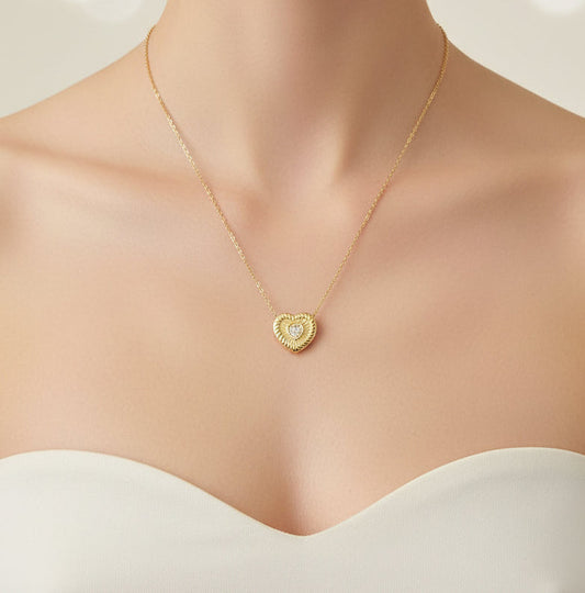 Layering Ready Textured Heart Charm Necklace - Dainty Gold Chain