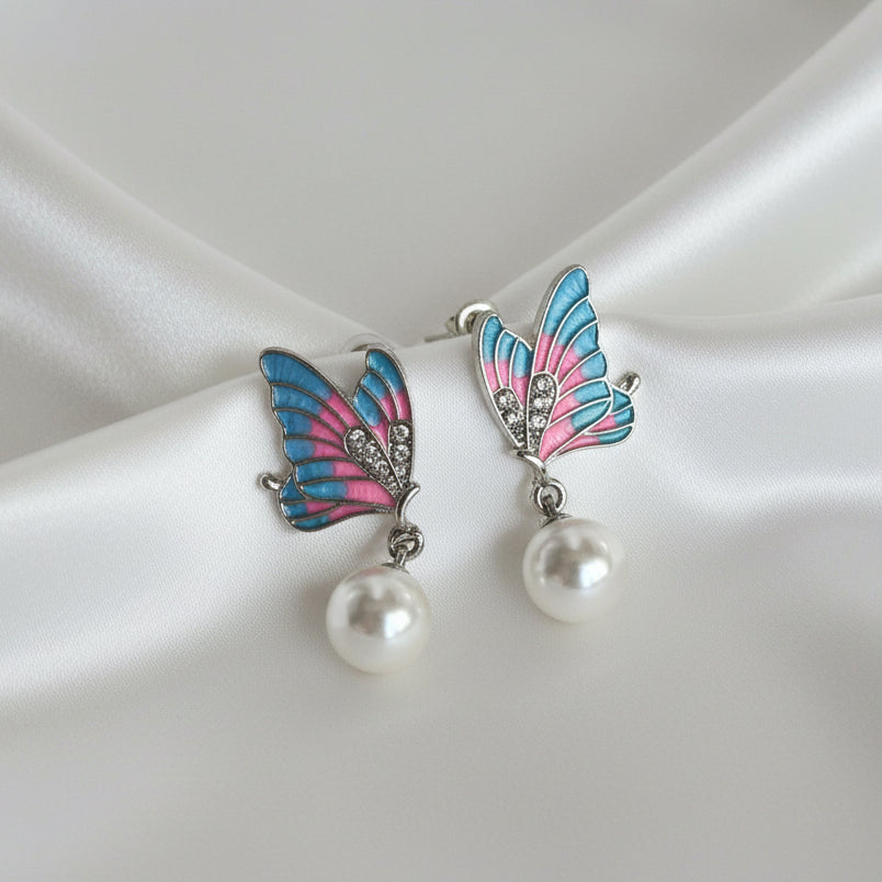 Enamel Butterfly Pearl Drop Earrings | Colorful Monarch Wings Jewelry