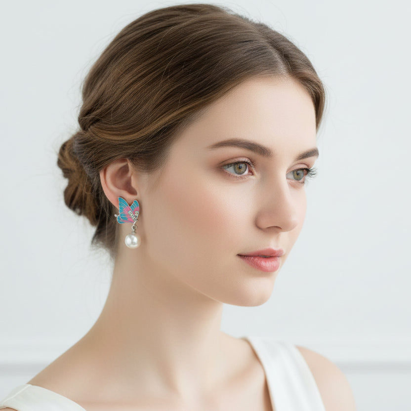 Enamel Butterfly Pearl Drop Earrings | Colorful Monarch Wings Jewelry