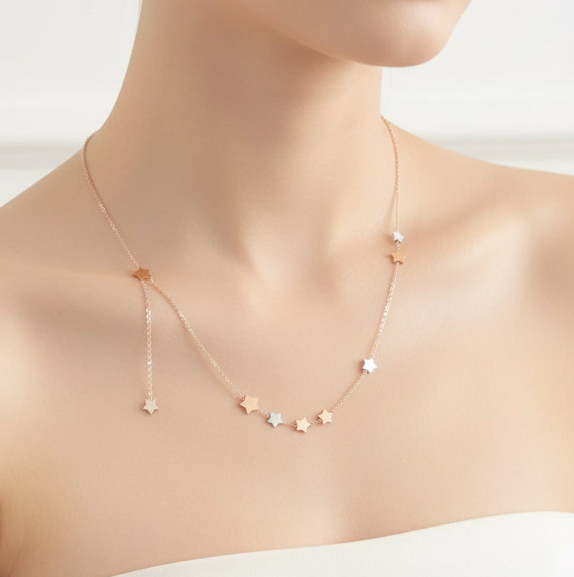 Rose Gold Star Lariat Necklace - Celestial Dangle Chain