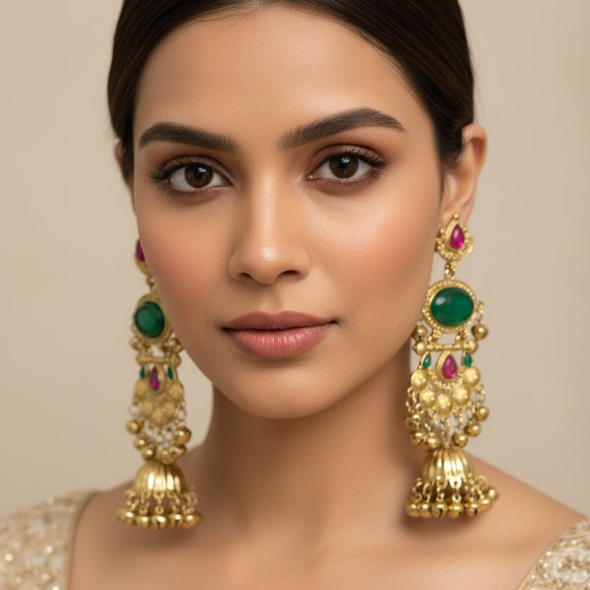 Antique Gold-Tone Jhumka Earrings with Emerald Green & Ruby Pink Stones