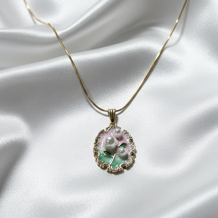 Vintage Style Pastel Enamel Floral Necklace - Pink & Green Flower Pendant with Faux Pearls - Gold Tone Snake Chain