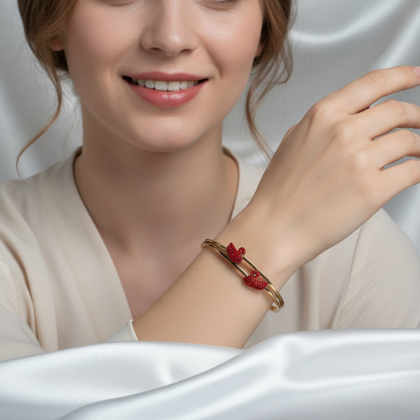 Red Crystal Double Swan Bangle – Gold-Tone Hinged Bracelet – Romantic Jewelry Gift