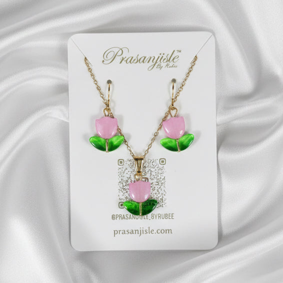 Glass Tulip Jewelry Set – Necklace & Earrings (Red or Pink)
