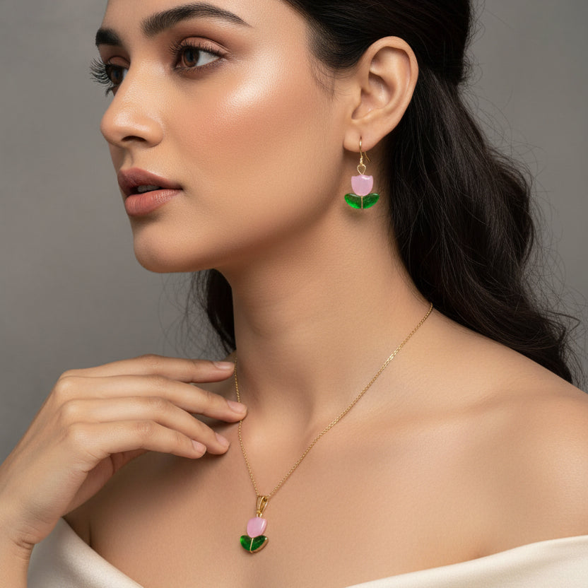 Glass Tulip Jewelry Set – Necklace & Earrings (Red or Pink)