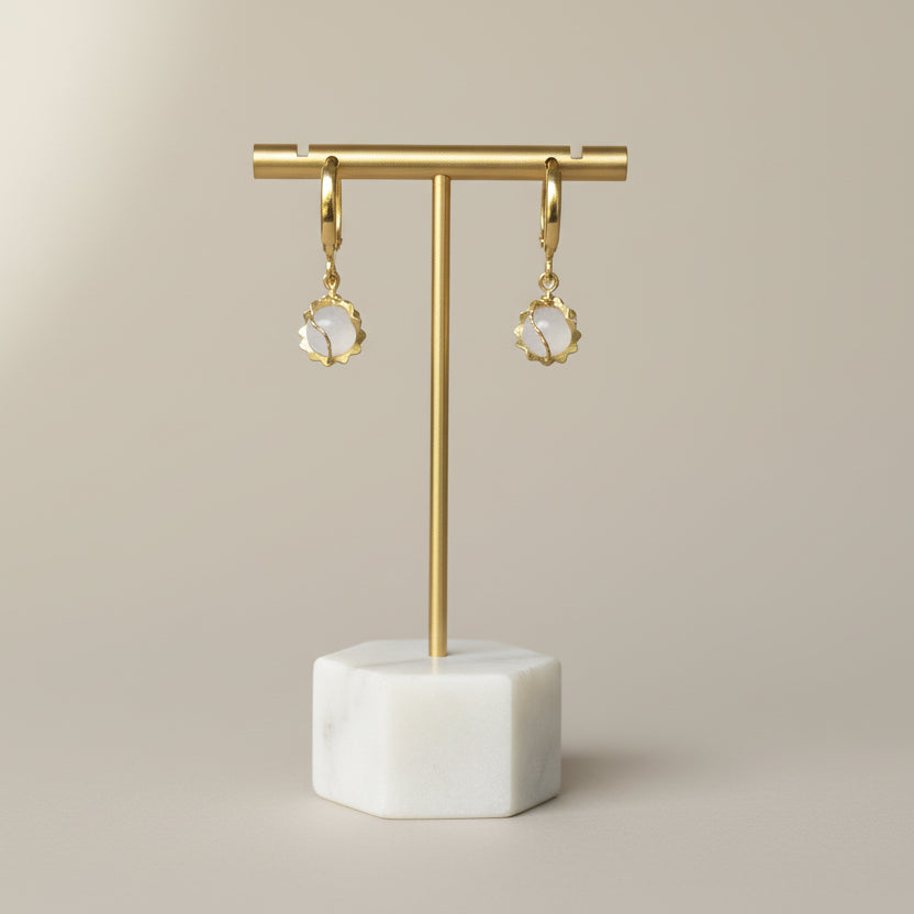 Vintage-Inspired Gold-Tone Hoop Earrings with White Floral Clusters