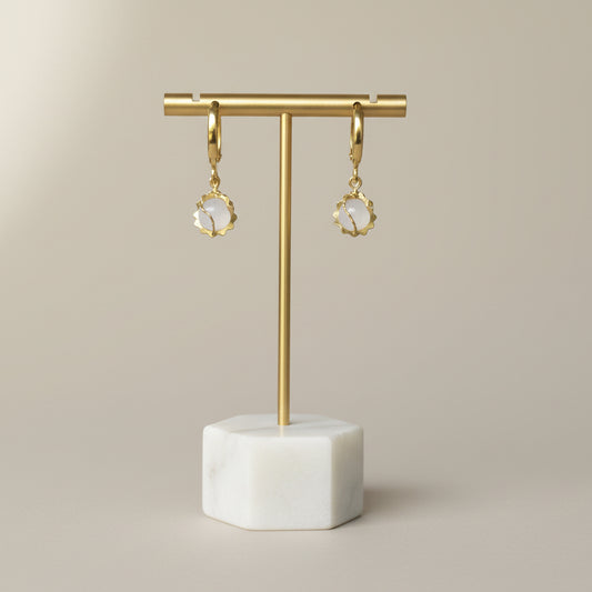 Vintage-Inspired Gold-Tone Hoop Earrings with White Floral Clusters