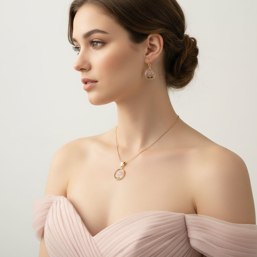 Handmade Real Flower Resin Jewelry Set - Gold/Pink