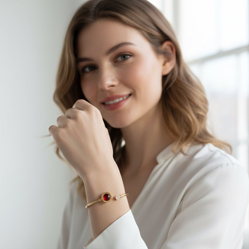 Gold-Tone Cuff Bracelet with Red Cabochon & Crystal Accent