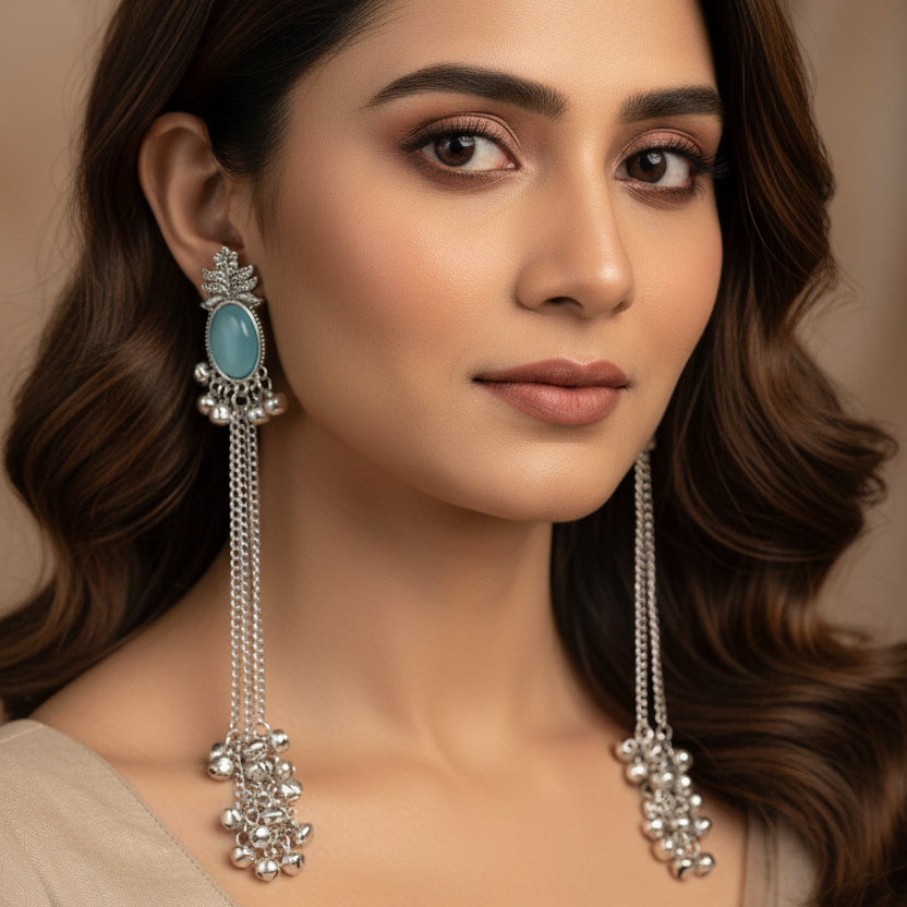 Oxidized Silver Long Chain Jhumka Earrings with Sky Blue Stone & Ghungroo Bells