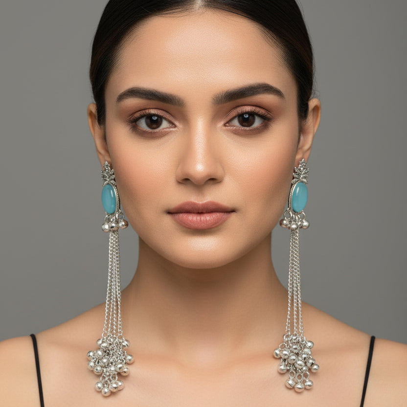 Oxidized Silver Long Chain Jhumka Earrings with Sky Blue Stone & Ghungroo Bells