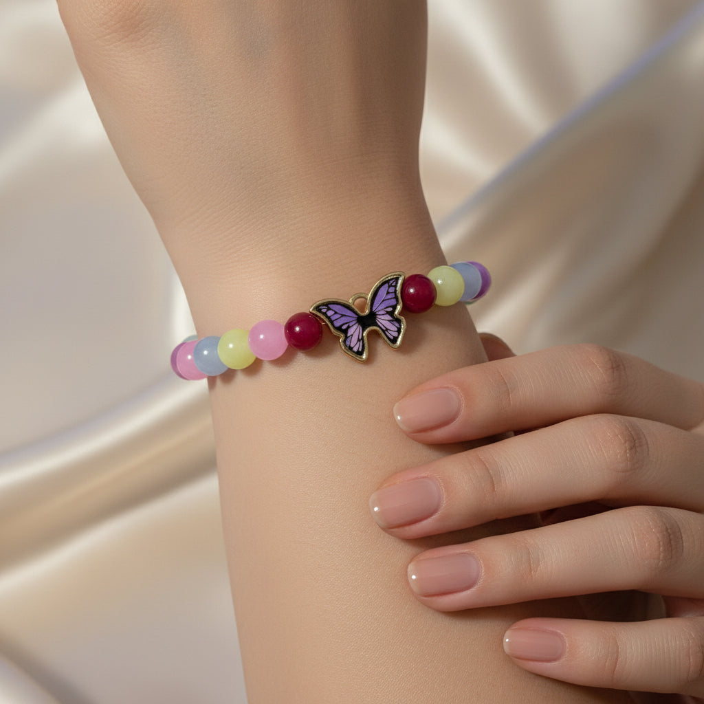 Pastel Rainbow Beaded Butterfly Charm Bracelet | Fairycore Jewelry