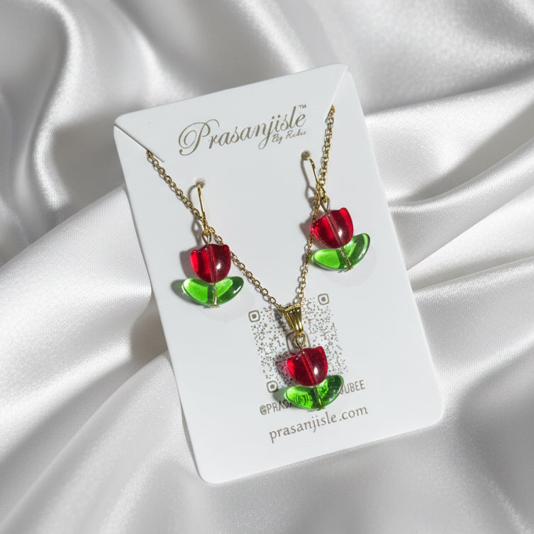 Glass Tulip Jewelry Set – Necklace & Earrings (Red or Pink)