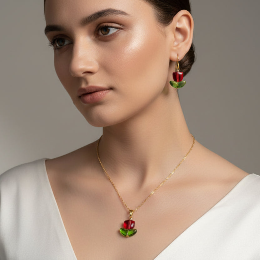 Glass Tulip Jewelry Set – Necklace & Earrings (Red or Pink)