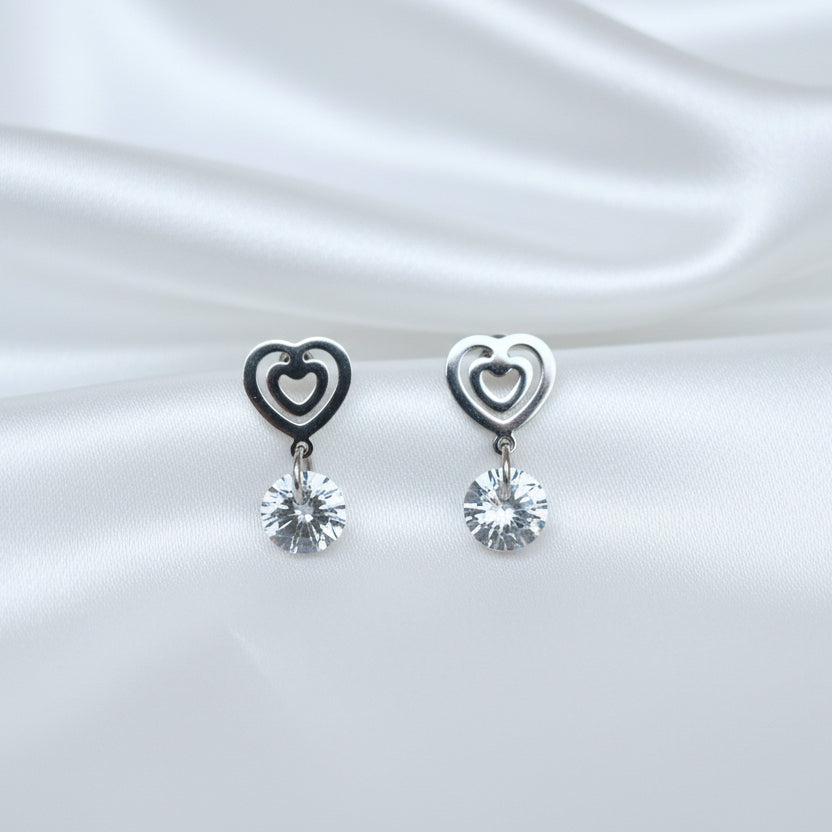 Double Heart Drop Earrings – Sparkling Crystal Dangle Studs