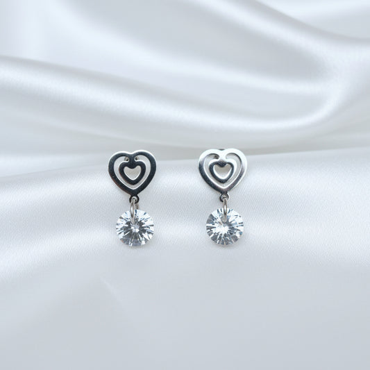 Double Heart Drop Earrings – Sparkling Crystal Dangle Studs