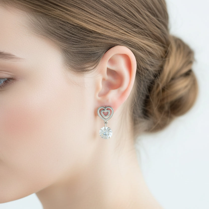 Double Heart Drop Earrings – Sparkling Crystal Dangle Studs