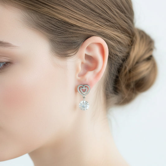 Double Heart Drop Earrings – Sparkling Crystal Dangle Studs