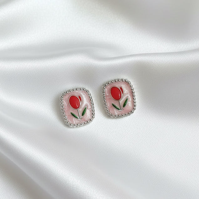 Vintage-Style Enamel Tulip Stud Earrings