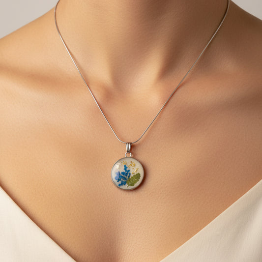 Resin Necklace - Round Silver Botanical Pendant - Pressed Flower Jewelry