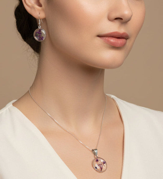 'Forever Bloom' Purple Flower Resin Jewelry Set - Everyday Earrings & Pendant