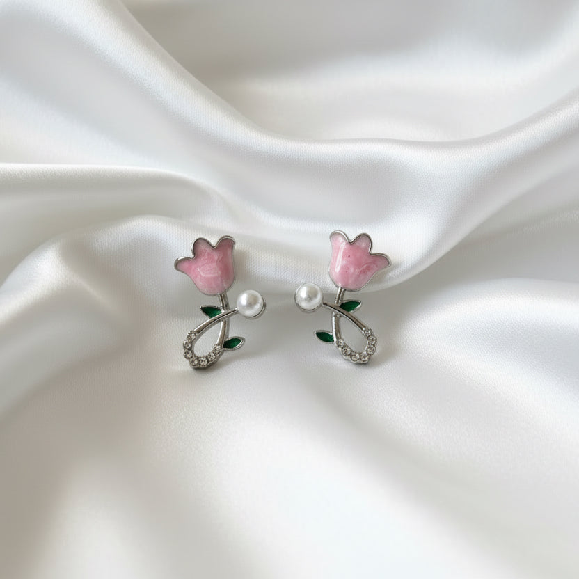 Elegant Pink Tulip & Pearl Drop Stud Earrings – Floral Enamel Jewelry