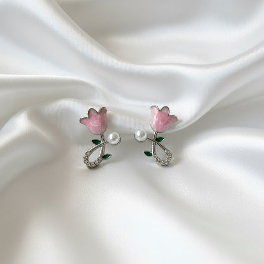 Elegant Pink Tulip & Pearl Drop Stud Earrings – Floral Enamel Jewelry