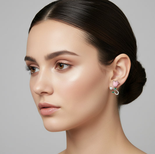 Elegant Pink Tulip & Pearl Drop Stud Earrings – Floral Enamel Jewelry
