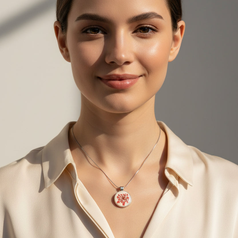 "Scarlet Bloom" Pressed Flower Pendant – Minimalist Resin Jewelry