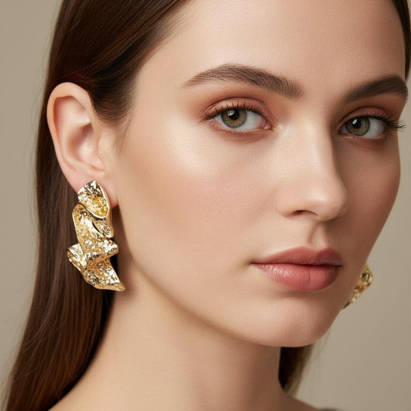 Abstract Hammered Gold Ribbon Statement Earrings