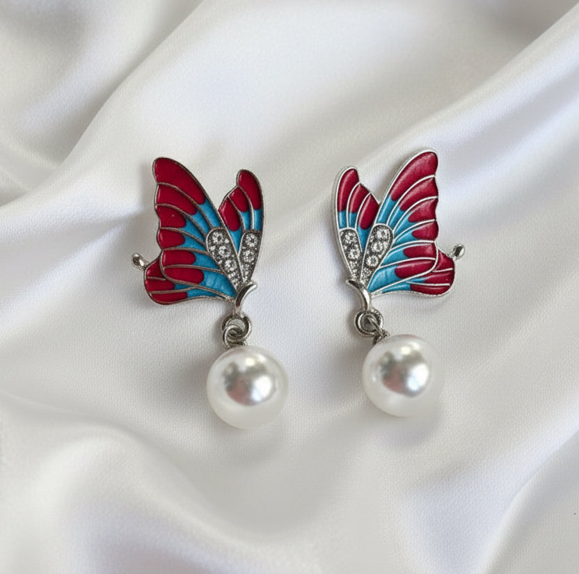 Enamel Butterfly Pearl Drop Earrings | Colorful Monarch Wings Jewelry