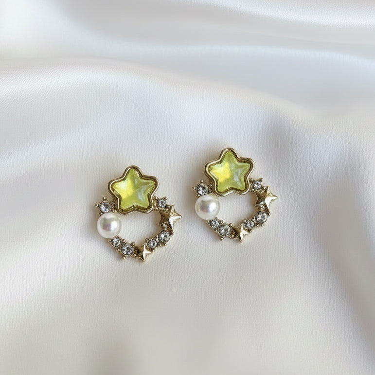 Y2K Fairy-core Star Hoop Studs | Pearl & Crystal Dainty Earrings