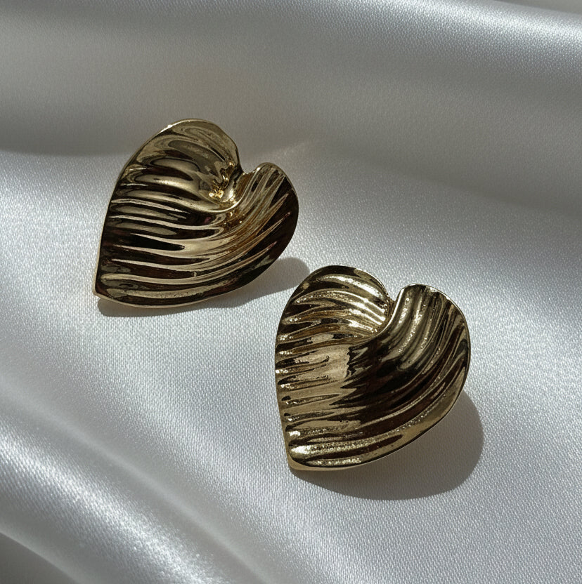 Vintage-Inspired Ribbed Gold Heart Stud Earrings
