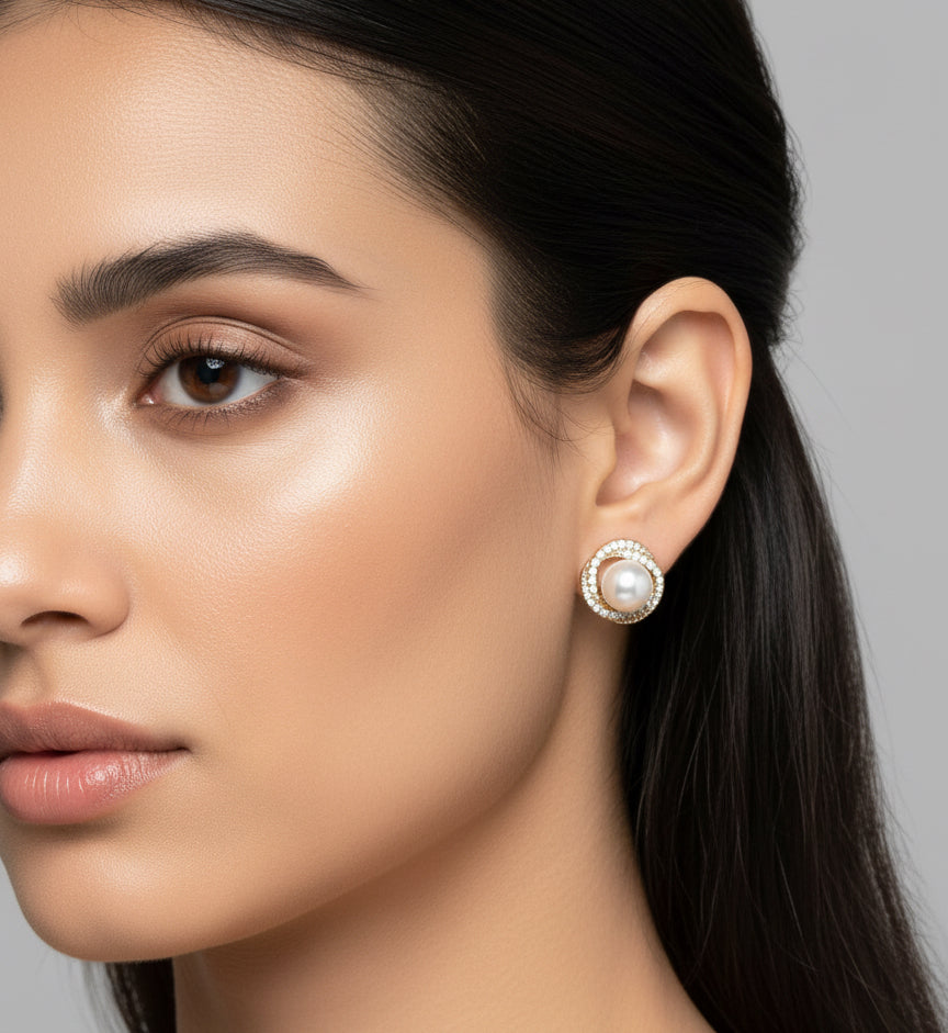 Timeless Pearl Stud Earrings with Sparkling Halo Setting