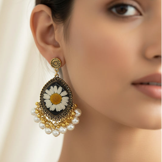 Daisy Floral Jhumka Earrings | Gold & Pearl Dangle Earrings | Ethic Fusion Floral Jewelry