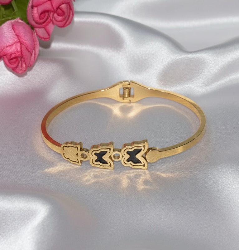 Luxury Gold-Tone Clover Bangle | Triple Charm Black Enamel Bracelet (free size)