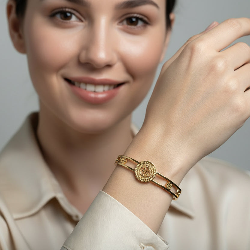 Minimalist Gold Floral Bangle - Openwork Camellia Rose Design Bracelet