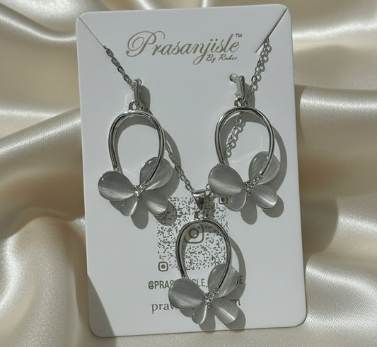 Silver-Tone Cat Eye Butterfly Pendant and Earring Set
